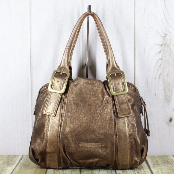 Cole Haan Handbags - Cole Haan Gold Brown Leather Brass Buckle Double Handles Tote Shoulder Bag